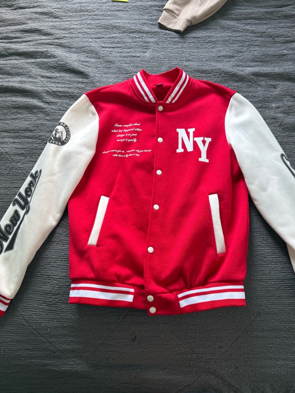 SHEIN Red and White NY Varsity Bomber Jacket